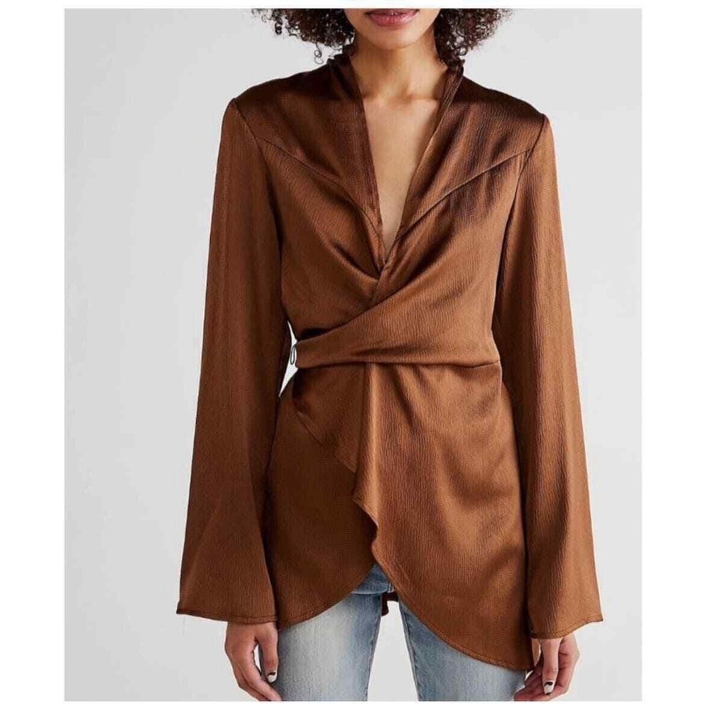 NWT Free People Brown‎ Harley Wrap Tunic Top Sz M Minimalist Boho 70s Bohemian